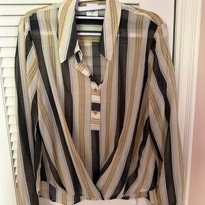 CAbi Striped Collared Blouse in Cream, Mustard & Black